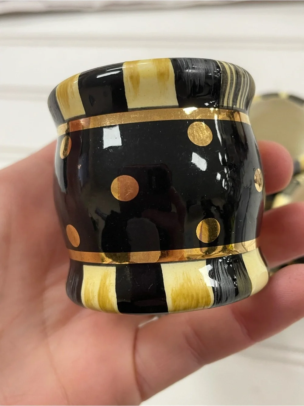 Set of 6 MacKenzie-Childs Courtly Stripe Ceramic Napkin Rings Gold Dot